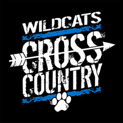 distressed wildcats cross country team design with arrow and paw print for school, college or league sports