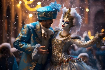 Poster Beautiful closeup portrait of young couple in traditional venetian carnival mask and costume, dancing at the national Venice festival in Italy. © AnaWein