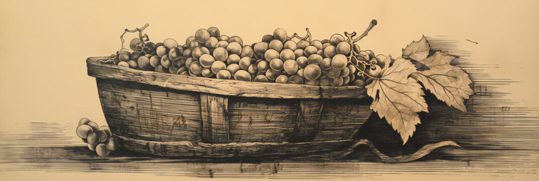 grapes in a wooden basket, sepia