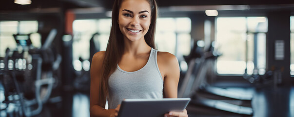 Positive pretty girl with an athletic figure holding tablet computer. Healthy lifestyle and fitness concept. Copy space	