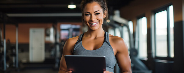 Positive pretty girl with an athletic figure holding tablet computer. Healthy lifestyle and fitness...