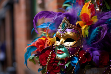 Fototapeta na wymiar Colorful traditional venetian carnival mask with decoration for national Venice festival in Italy.