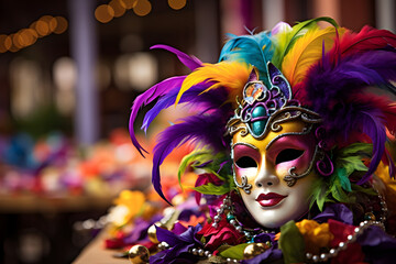 Colorful traditional venetian carnival mask with decoration for national Venice festival in Italy.