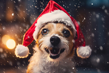 Portrait of an dog wearing a Santa Claus hat on a blurred background with snowflakes and lights.