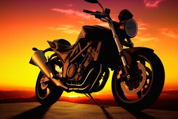 Motorcycle at sunset - digital artwork. Generative AI