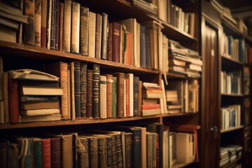 an out-of-focus bookshelf filled with numerous vintage books in a bookstore or library. Generative AI - obrazy, fototapety, plakaty