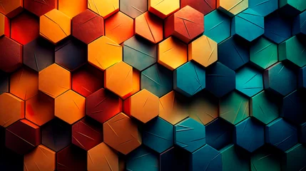 Fotobehang Colorful hexagonal 3d shape texture background. blue, orange and yellow color palette © xavier gallego morel