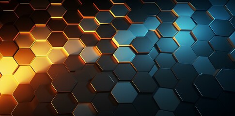 shiny hexagons background on a dark surface, in the style of cyan and amber, backlight glowing, technological design, smokey abstract background. generative AI