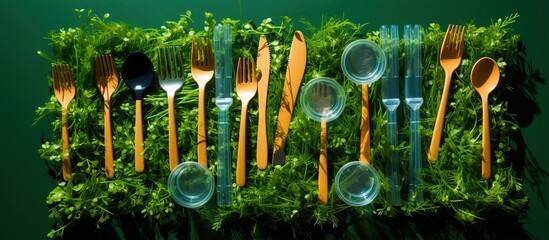 Colorful plastic picnic utensils on a green moss background emphasizing recycling and ecology