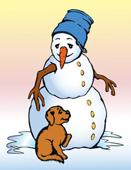 Snowman in snow. Vector drawing.