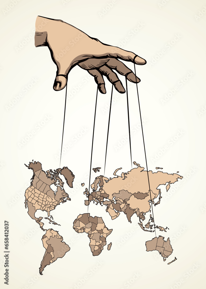 Wall mural Man hand with a World map. Continents with contours of countries. Vector drawing