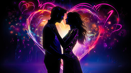 Portrait of a passionate couple in love in neon colors and a glowing heart on the background. The concept of love and Valentine's Day.
