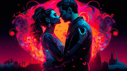 Portrait of a passionate couple in love in neon colors and a glowing heart on the background. The concept of love and Valentine's Day.