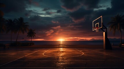 A view of a basketball court during sunset, with a basketball placed at the center.
