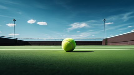 A view of a tennis court with a tennis ball and racquet.