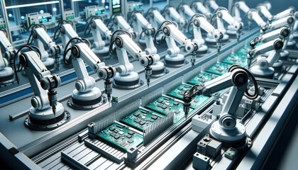  intricate process of component installation on a circuit board. At a fully automated PCB assembly line, high precision robot arms are diligently at work, ensuring quality control