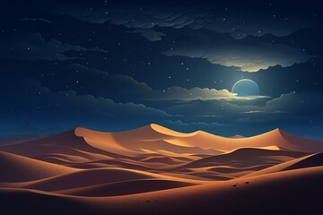 Illustration of sand dunes under a starry night sky. Generative AI