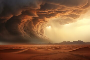 A sandstorm forming above a desert landscape with intense clouds in the sky. Generative AI