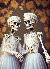 Wedding of two female skeletons dressed in gauze skirt on an autumnal background. Bridesmaid skeleton. Generative AI