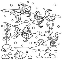 Underwater landscape marine vector motif. Coloring book page. Doodle of the underwater world, sea, ocean, river . Fish, waves and plants. Monochrome Aquariums.