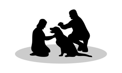 Elderly couple petting their cute dog together. Love dog. Silhouette of happy couple with their cute dog. Black vector illustrations.