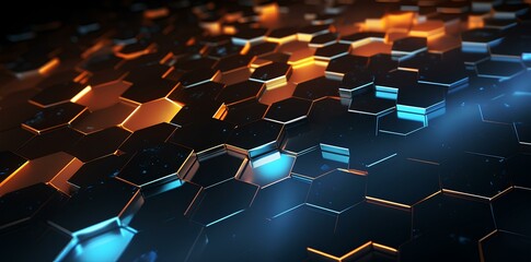 abstract background hexagonal geometry with blue and orange elements, in the style of neon, light black and dark amber, textured of light and shadow, color gradients. generative AI