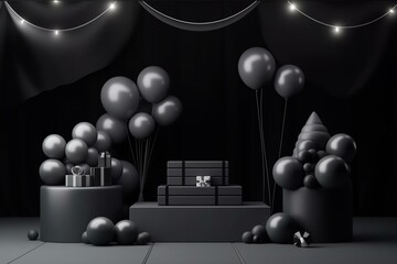 Template for Black Friday banner with podium, balloons, and product stand in dark scene. Generative AI