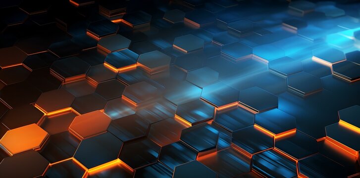 abstract background hexagonal geometry with blue and orange elements, in the style of neon, light black and dark amber, textured of light and shadow, color gradients. generative AI