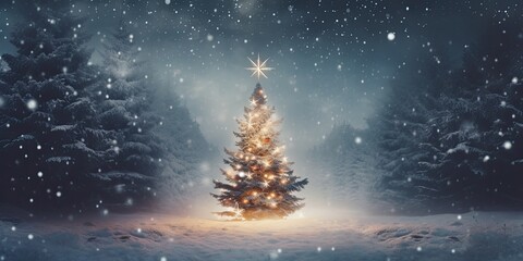 image of a decorated christmastree in the winter forest with candle lights. 