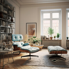 Modern living room with pal decor and scandinavian architectural design.