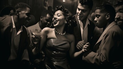 Beautiful woman surrounded by men in 1940s Cuban night club