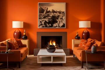 Modern fireplace in a burnt-orange living room decorated with framed art. Generative AI
