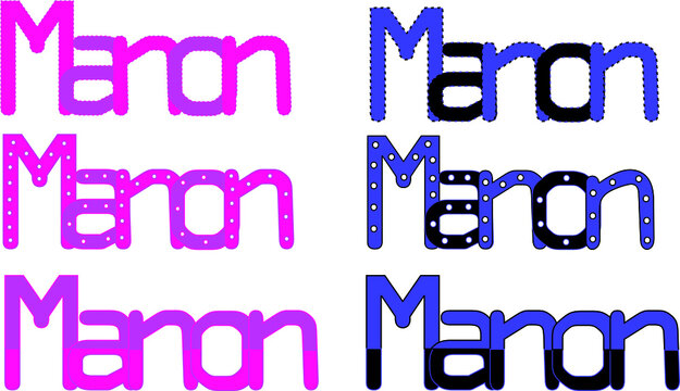 Manon : &eacute;crit en bleu et noir et en rose et violet.
