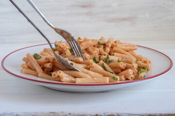 Creamy Tomato Pasta on ceramic plate.