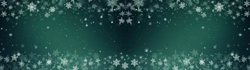 Obraz na płótnie Canvas Christmas, advent, winter, white fallen snowflakes, green background banner, greeting card, space in the middle for text and design