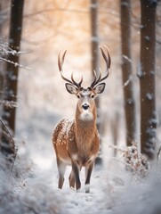 majestic deer in the winter forest with gentle sunlight. 