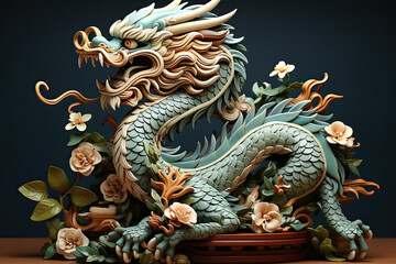 Fototapeta premium Elegant figure of a wriggling dragon with flowers on a podium on a dark background