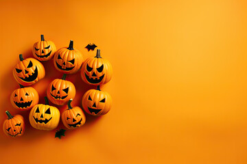 Top flat lay view of Halloween decorations with bats and pumpkins on orange background