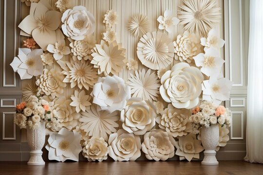 Elegant setting of paper flowers and floral patterns create a luxurious backdrop for a wedding album. Generative AI
