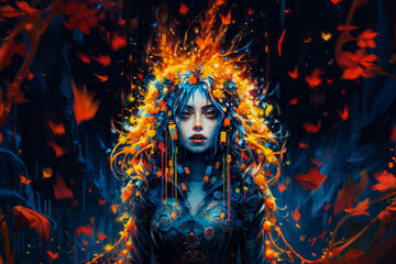 Fototapeta na wymiar Captivating image of a woman made from electronic components, appearing to be engulfed in flames.