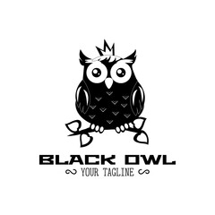 Black minimalistic owl with white inserts in crown on branch. Logotype with text black owl your tagline on white background. Vector illustration