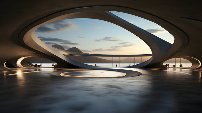 render of abstract futuristic architecture with empty concrete floor. car presentation 
