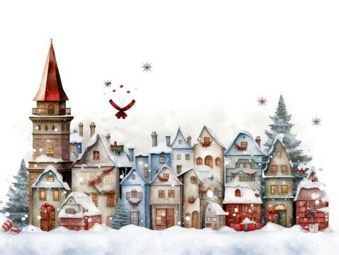 painted image of a small village during christmastime with decoration and snow. perfect image for a personal gift-card. MERRY CHRISTMAS!!!