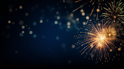 Silvester, New year eve, celebration, fireworks on blue night background with golden shining bokeh - obrazy, fototapety, plakaty
