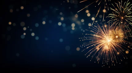 Fototapeten Silvester, New year eve, celebration, fireworks on blue night background with golden shining bokeh © Gertrud