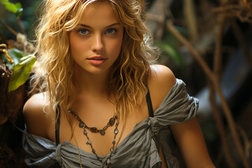 Naklejka premium Enchanting young blonde hippie girl with blue eyes dressed in vegan attire amidst nature.