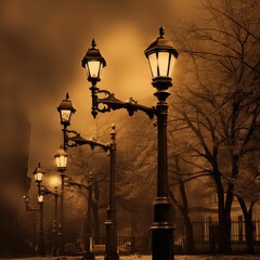romantic scene of a pathway with lanterns in a winternight.