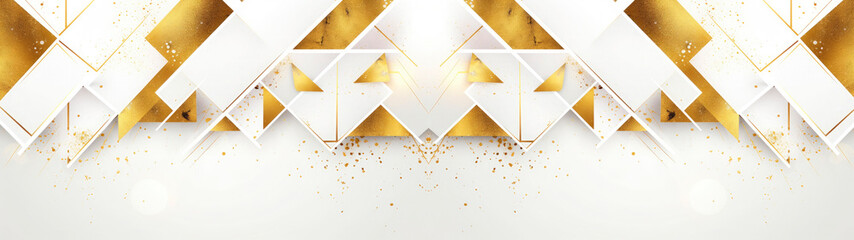 Shiny gold, white shapes like rectangles and triangles on white background with golden dust  - obrazy, fototapety, plakaty