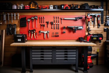 workingbench with equipment on the wall.  - obrazy, fototapety, plakaty