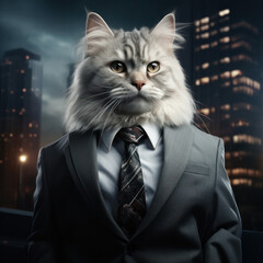 Cat in a businessman costume, In the business world, much like in the animal kingdom, survival belongs to those who adapt to changes and know how to find their way , Generative AI